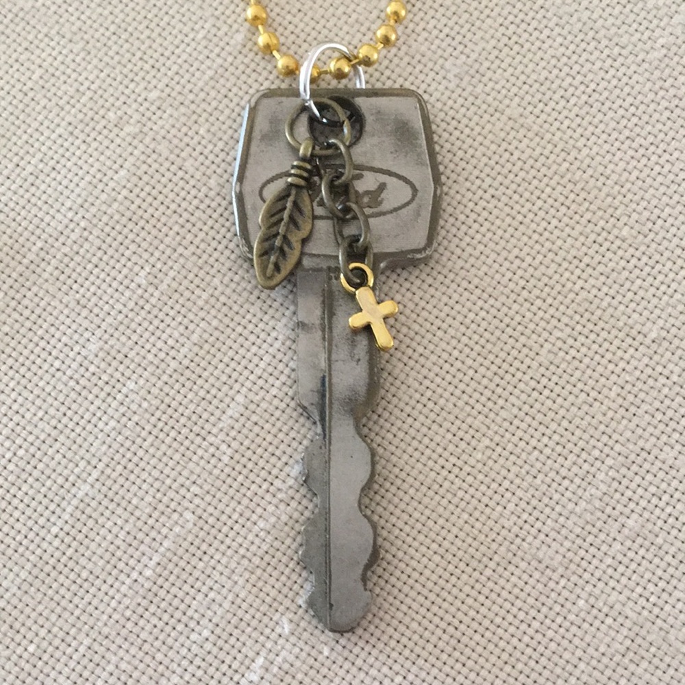 HAND CRAFTED Vintage Ford Key Necklace Feather Cross Charms Mixed Metals